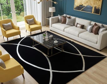 Black and Silver Plush Rug, Luxury Plush Area Rug, Modern Geometric Living Room Rug, Soft Fur Bedroom Carpet, Large Area Home Decor