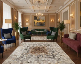 Geometric Cowhide Patchwork Rug, Modern Living Room Decor