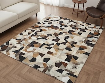 Brown and Beige Patchwork Cowhide Rug, Modern Geometric Carpet, Livingroom rug