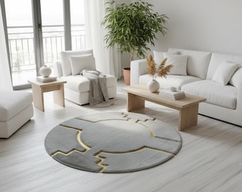 Gold Geometric Border Plush Rug, Gray Faux Fur Round Carpet, Custom Size