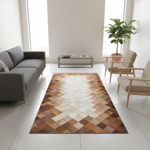 Handmade Cowhide Runner Rug, Diamond Patchwork Leather Carpet