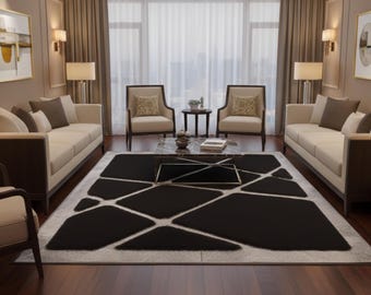 Black and Silver Rug, Plush Area Rug, Modern Geometric Living Room Rug, Luxury Faux Fur Bedroom Rug, Soft Large Floor Decor