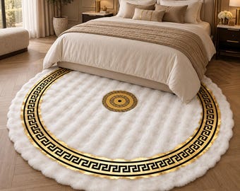 Round White Plush Rug, Gold Greek Key Border, Custom Sizes (Living Room Decor)