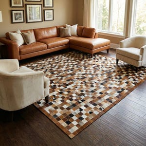 Genuine Cowhide Patchwork Rug, Modern Rustic Mosaic Leather Carpet