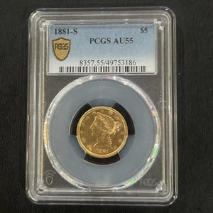 Moneta 1881-s 5 dollari in oro Liberty Head PCGS AU55