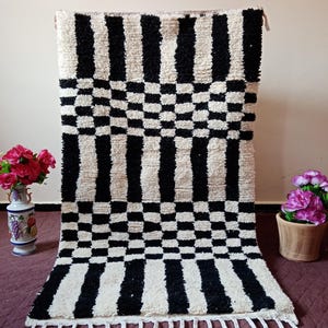 checkered rug beni ourain - checkered red rug - rug black and white - white black rug - checkered rug moroccan, custom made