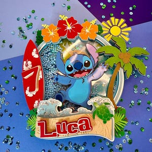Stitch Birthday Cake Topper – Custom Name & Age | Luau Hawaiian Theme | 3D Shaker Cake Topper | Tropical Summer Party Decor