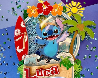 Stitch Birthday Cake Topper – Custom Name & Age | Luau Hawaiian Theme | 3D Shaker Cake Topper | Tropical Summer Party Decor