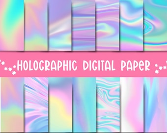 Paquete de papel digital holográfico / Texturas iridiscentes de lámina / Fondos brillantes de arcoíris / Holograma pastel / Descarga instantánea