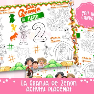 Puede incluir: Un mantel individual rosa con temática de granja, con ilustraciones de animales, laberintos y actividades para colorear. El mantel individual incluye el texto "La Granja de Mateo" y "La Granja de Zenon Activity Placemat."