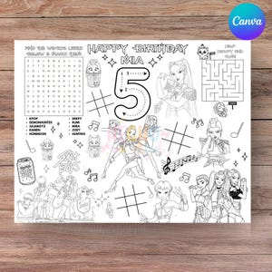 Kpop Demon Hunters Activity Sheet Coloring Placemat Editable Template Party Favors Huntrix Saja Boyz