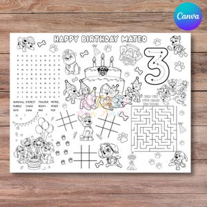 May include: A black and white Paw Patrol themed birthday placemat with the text "HAPPY BIRTHDAY MATEO". Includes a cake, maze, word search, and images of the Paw Patrol characters. Features the number 3.