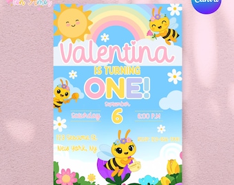 Invitación animada de abeja Abejita Chiquitita: plantilla editable en Canva