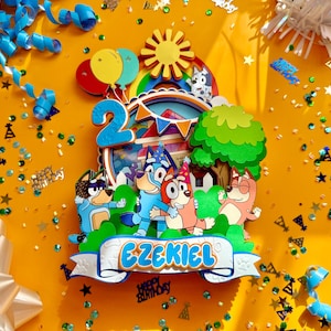Adorno para tarta de Bluey: nombre y edad personalizados. Decoración para fiesta de cumpleaños de Bluey. Cartulina con purpurina. Adorno inspirado en Bluey para cumpleaños infantiles.