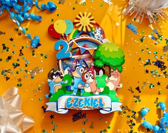 Bluey Cake Topper – Custom Name & Age – Bluey Birthday Party Decoration – Glitter Cardstock – Bluey Inspired Topper for Kids Birthday