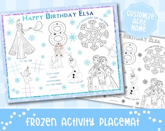 Mantel individual con actividades de Frozen / Editable en Canva / Imprimible para cumpleaños infantiles / Hoja de actividades para fiestas de invierno / 8.5x11