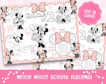 Mantel individual personalizado de Minnie Mouse para actividades - Mantel individual de cumpleaños personalizado - Editable en Canva