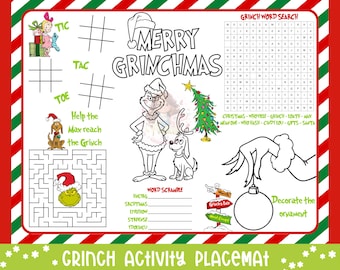 Mantel individual navideño del Grinch / Imprimible navideño para niños / Descarga instantánea / Página para colorear navideña / Formato digital 8.5x11