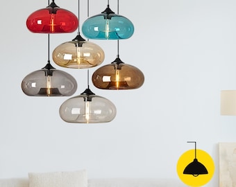 Modern Colored Glass Pendant Light | Round Hanging Lamp for Kitchen, Bar, Dining Room | Adjustable 150cm Cord | 6 Colors