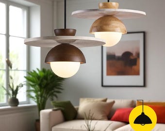 Modern Wood UFO Pendant Light | Walnut Dome Ceiling Lamp | Wabi Sabi Kitchen Island Light | Minimalist Dining Room Fixture
