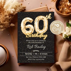 60th Birthday Invitation: Gold Balloons, Editable Digital Card (5x7 & 4x6, PDF/JPG Options)