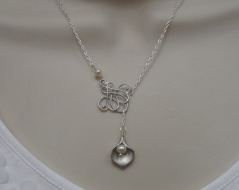Silver lariat style necklace, calla lily, freshwater pearl, rhodium plated link, romantic necklace
