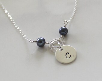 Hand stamped initial necklace - peacock blue freshwater pearls - personalized jewelry - bridesmaid gift - wedding party