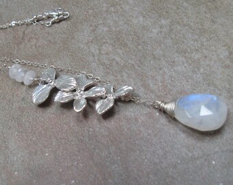 silver necklace lariat style flower moonstone