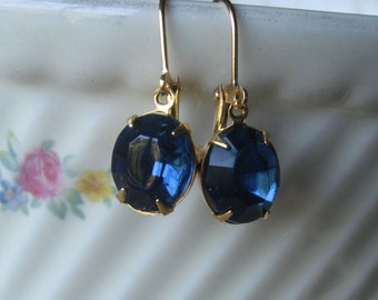 Blue vintage glass earrings, gold plated, oval, montana blue