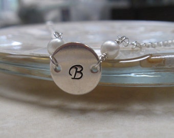 Pearl initial bracelet - hand stamped silver bracelet - monogrammed - personalized jewelry