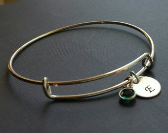 Silver initial birthstone bangle bracelet