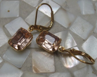 Pink vintage glass gold dangle earrings