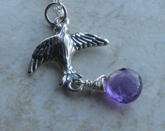 Silver amethyst bird necklace, sparrow, woodland
