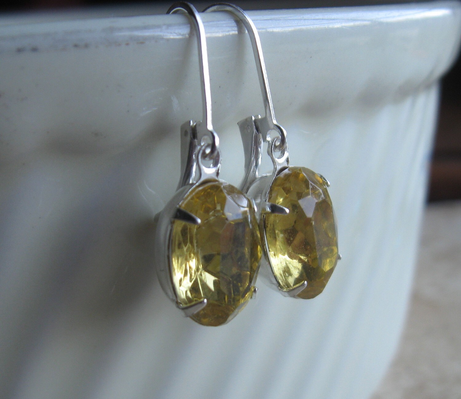 Vintage Glass Earrings, Dangle, Silver, Oval, Jonquil, Wedding, Bridal