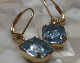 Vintage glass earrings, gold plated, light sapphire, wedding, wedding party, bridesmaid gift