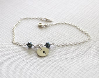 Silver initial bracelet - blue peacock freshwater pearls - personalized jewelry - monogrammed jewelry - bridesmaid gift