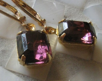 Gold plate amethyst vintage glass earrings