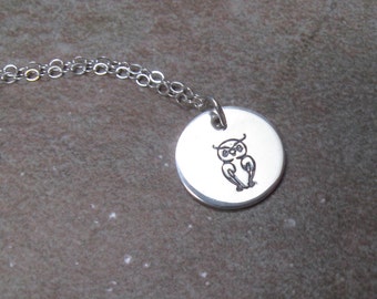 Owl charm necklace - silver - handstamped