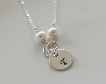 Monogram silver necklace - freshwater pearls - personalized jewelry - bridesmaid gift