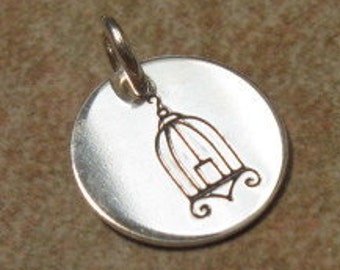 sterling handstamped birdcage charm