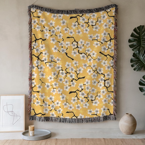 Chinoiserie Woven Blanket Japanese Vintage Art Yellow Cherry