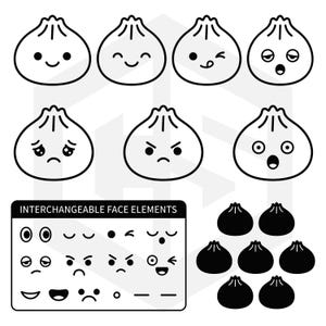 Könnte beinhalten: Eine Sammlung von schwarz-weißen Strichzeichnungen mit sechs Knödel-Charakteren mit verschiedenen Gesichtsausdrücken, einer rechteckigen Tabelle mit der Aufschrift INTERCHANGEABLE FACE ELEMENTS mit einzelnen Augen und Mündern sowie sieben schwarzen Knödel-Silhouetten.
