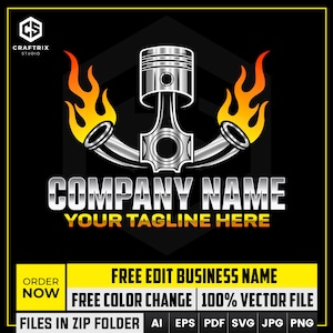 Turbo Engine Logo Design, Piston & Flames Auto Logo, Mechanic Logo, Car Performance Logo, Automotive Logo, Muscle Car Logo, Auto Garage Logo