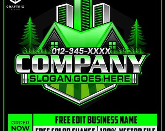 May include: A green and silver logo with the text "COMPANY" and "SLOGAN GOES HERE". The logo features a house, buildings, and trees. The text "FREE EDIT BUSINESS NAME" is also included.