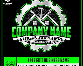 May include: A logo design featuring a gear-shaped frame with tools and house silhouettes. The text "COMPANY NAME" is in green, with "SLOGAN GOES HERE" and a phone number below. The design includes the text "ORDER NOW" and "FREE EDIT BUSINESS NAME".