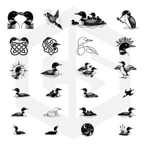 May include: A collection of twenty-four black and white graphic illustrations featuring common loons in various poses, including swimming, diving, and interacting with chicks, arranged in a grid pattern against a light gray background.