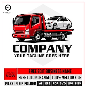 Può includere: Un carro attrezzi rosso con pianale che trasporta una berlina bianca, con il testo CRAFTRIX STUDIO, COMPANY, YOUR TAGLINE GOES HERE, ORDER NOW, FREE EDIT BUSINESS NAME, FREE COLOR CHANGE, 100% VECTOR FILE e FILES IN ZIP FOLDER AI EPS PDF SVG JPG PNG.