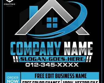 May include: A business logo design featuring a house silhouette with a blue and gray color scheme. The design includes the text "COMPANY NAME", "SLOGAN GOES HERE", and a phone number. Additional text includes "FREE EDIT BUSINESS NAME" and "FREE COLOR CHANGE".
