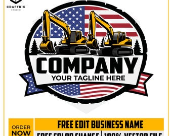 Logotipo de America Heavy Equipment, excavadora compacta, cargadora de ruedas, bulldozer, maquinaria de construcción, diseño vectorial industrial para descargar.