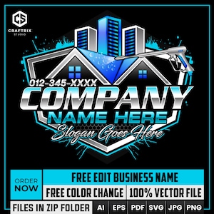 May include: A black and blue logo design for a company. The logo features a house silhouette with a pressure washer, buildings, and the text "COMPANY NAME HERE" and "Slogan Goes Here". The logo also includes a phone number and the text "FREE EDIT BUSINESS NAME".